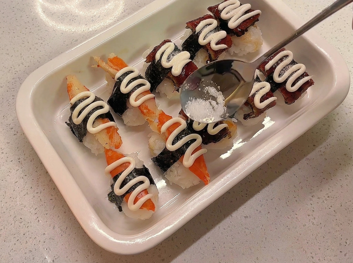 A small spoon held over rows of mayonnaise-topped sushi, sprinkling white sugar grains onto the surface.