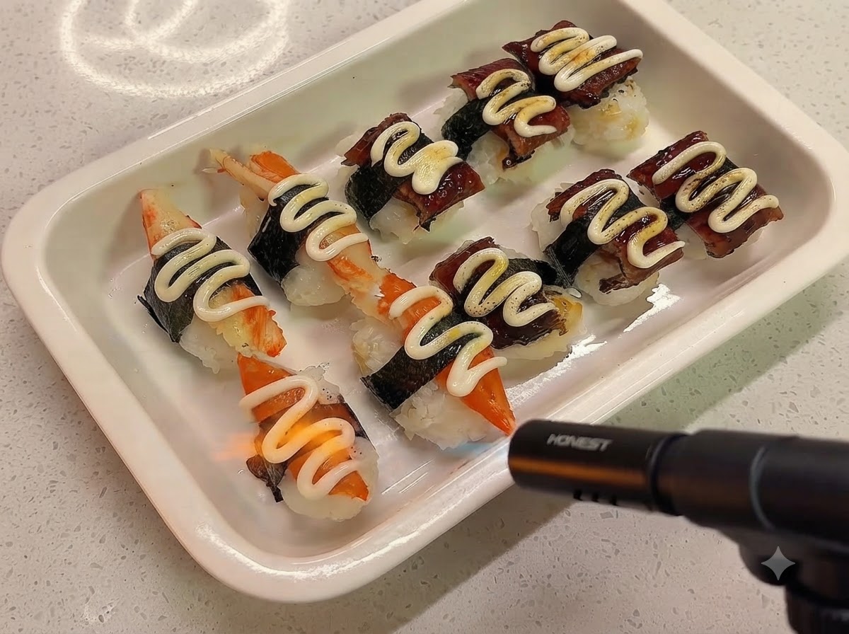 A handheld kitchen torch pointing a blue flame at rows of mayonnaise and sugar-topped sushi on a white tray.