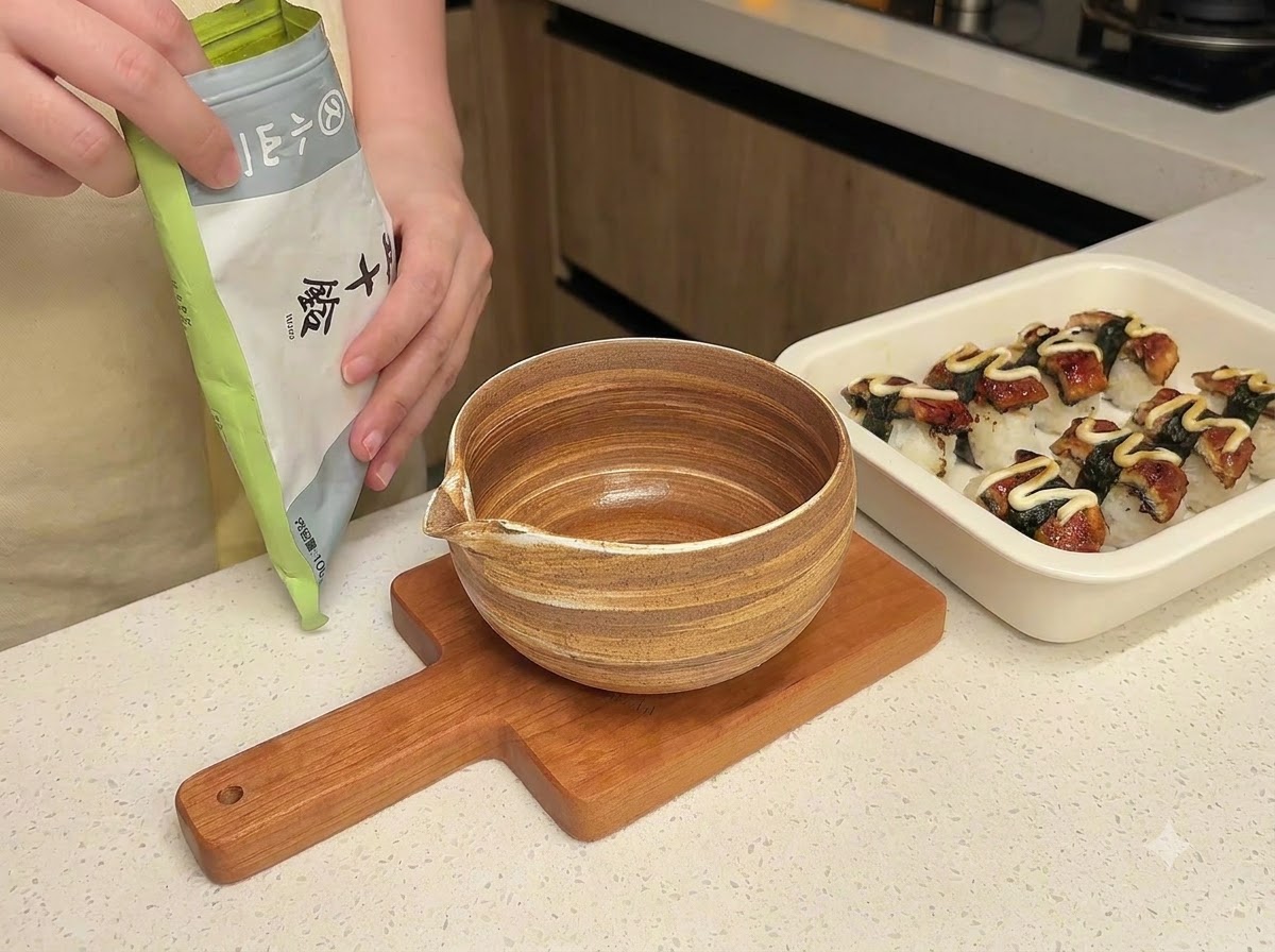 A person pouring powder from a green packet into a brown ceramic mixing bowl on a wooden board next to a tray of sushi.