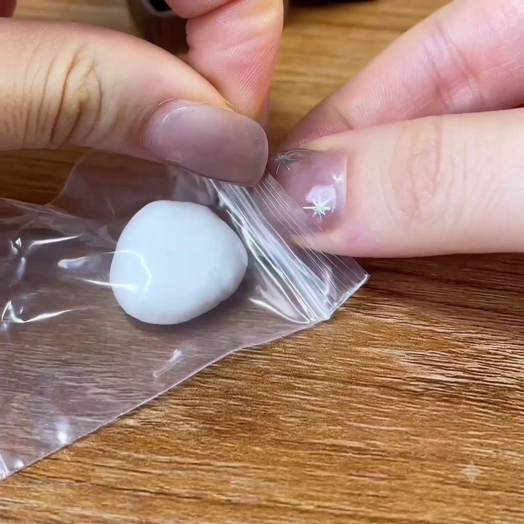 Hands kneading a piece of white clay on a clear plastic sheet.