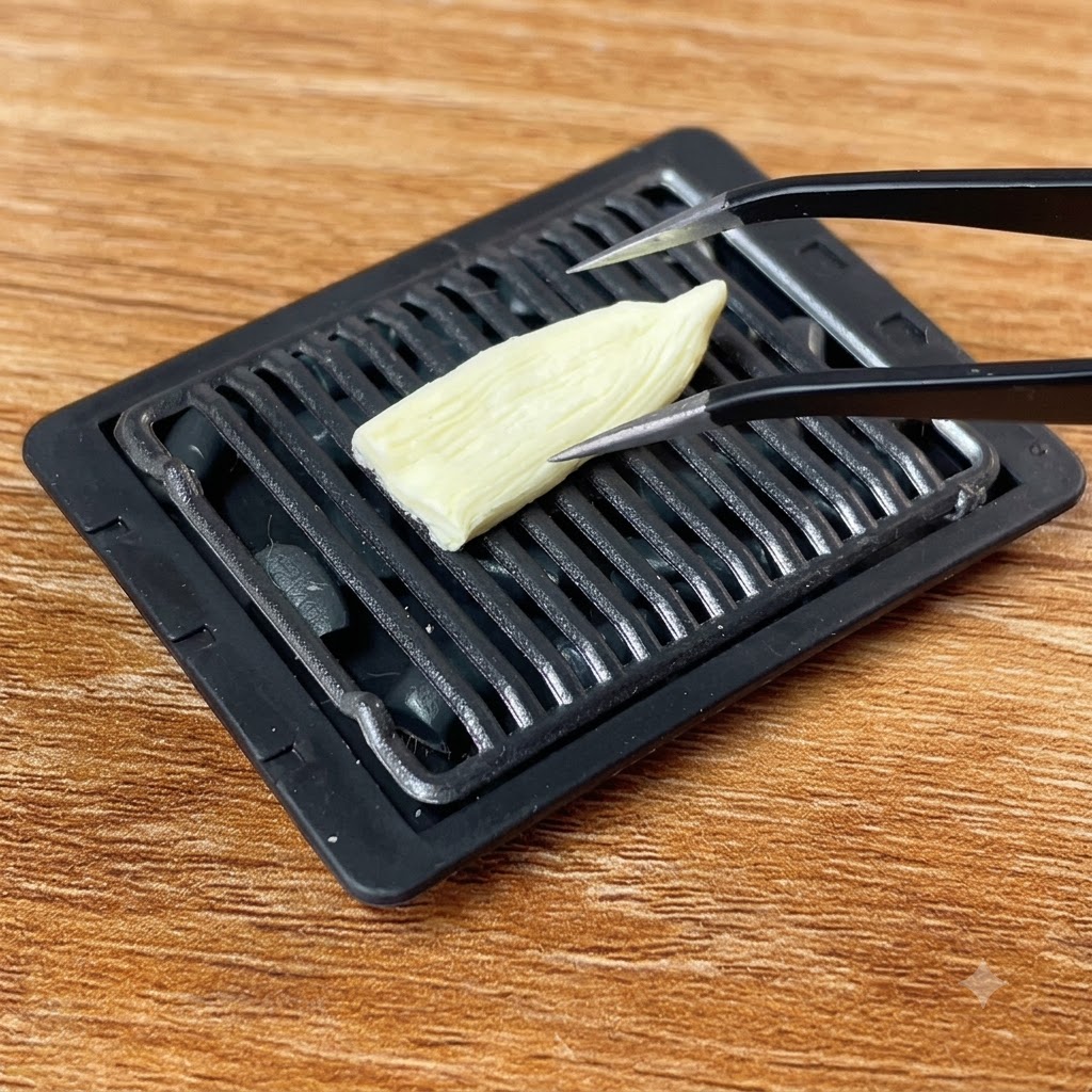 A sculpted eel piece being held with tweezers over a miniature grill.