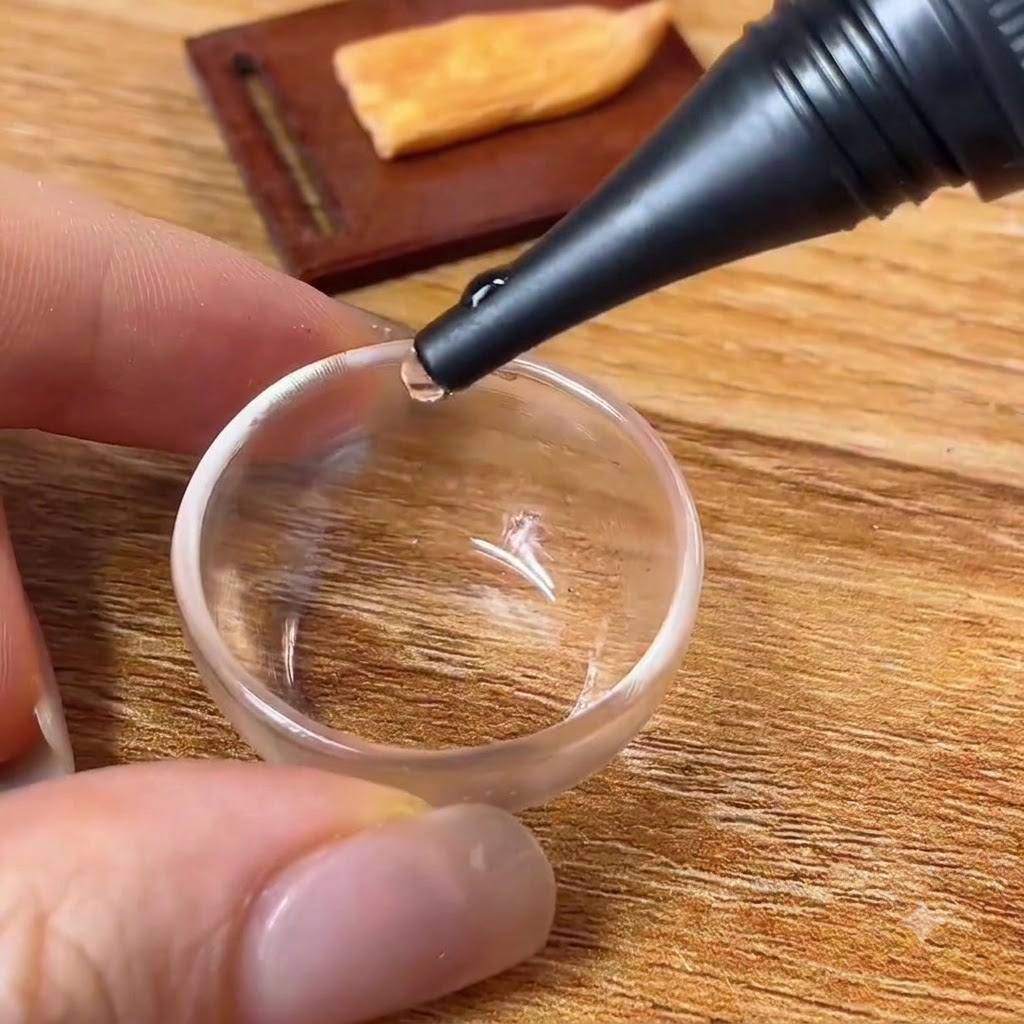 Transparent adhesive and brownish fruit sauce being squeezed into a small glass bowl.