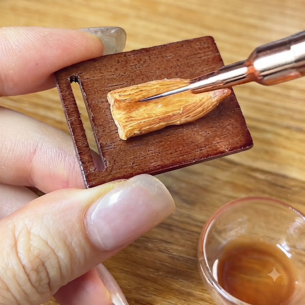 A small brush applying dark sauce onto a textured grilled eel piece on a wooden board.