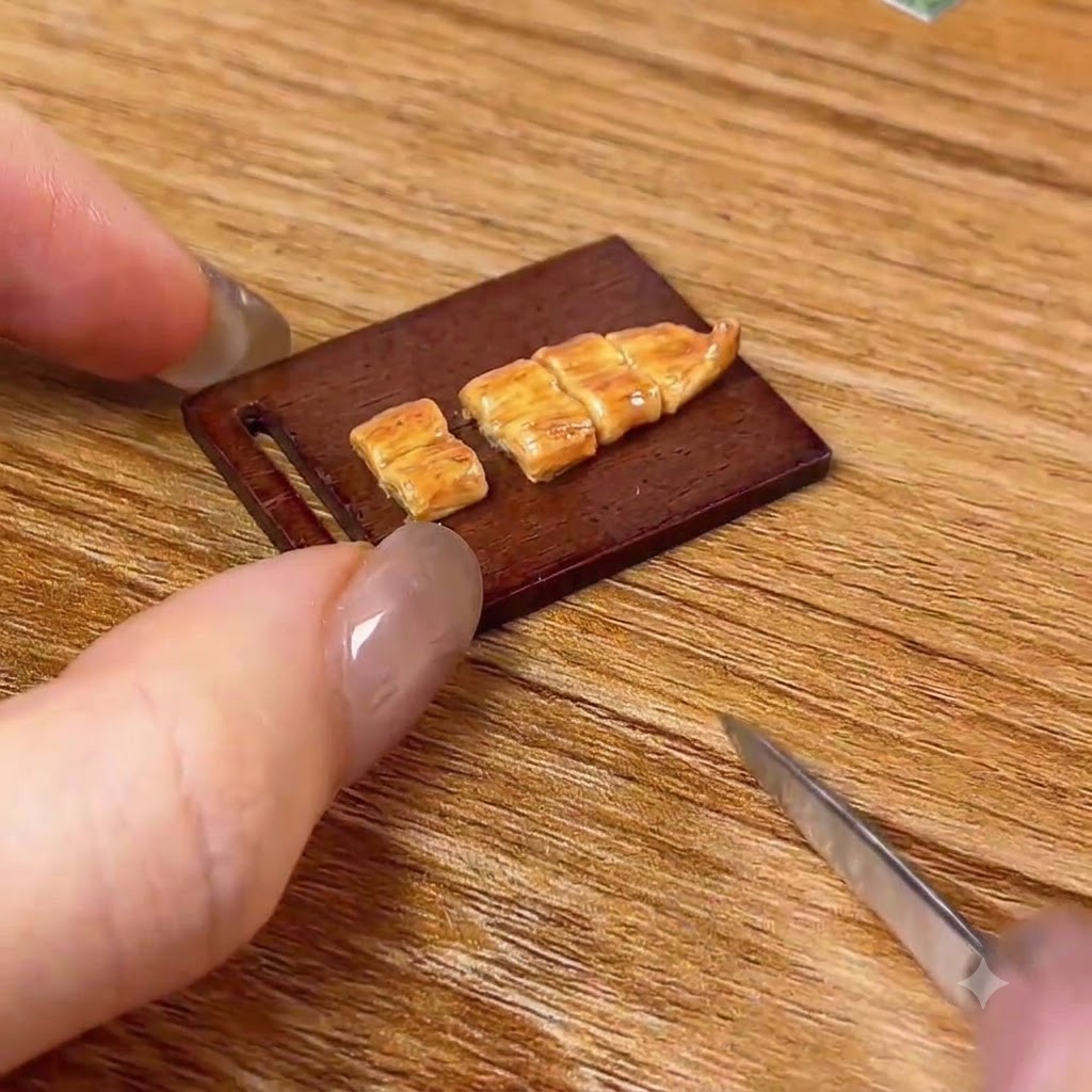 A miniature knife cutting a glazed grilled eel piece into small sections on a wooden cutting board.