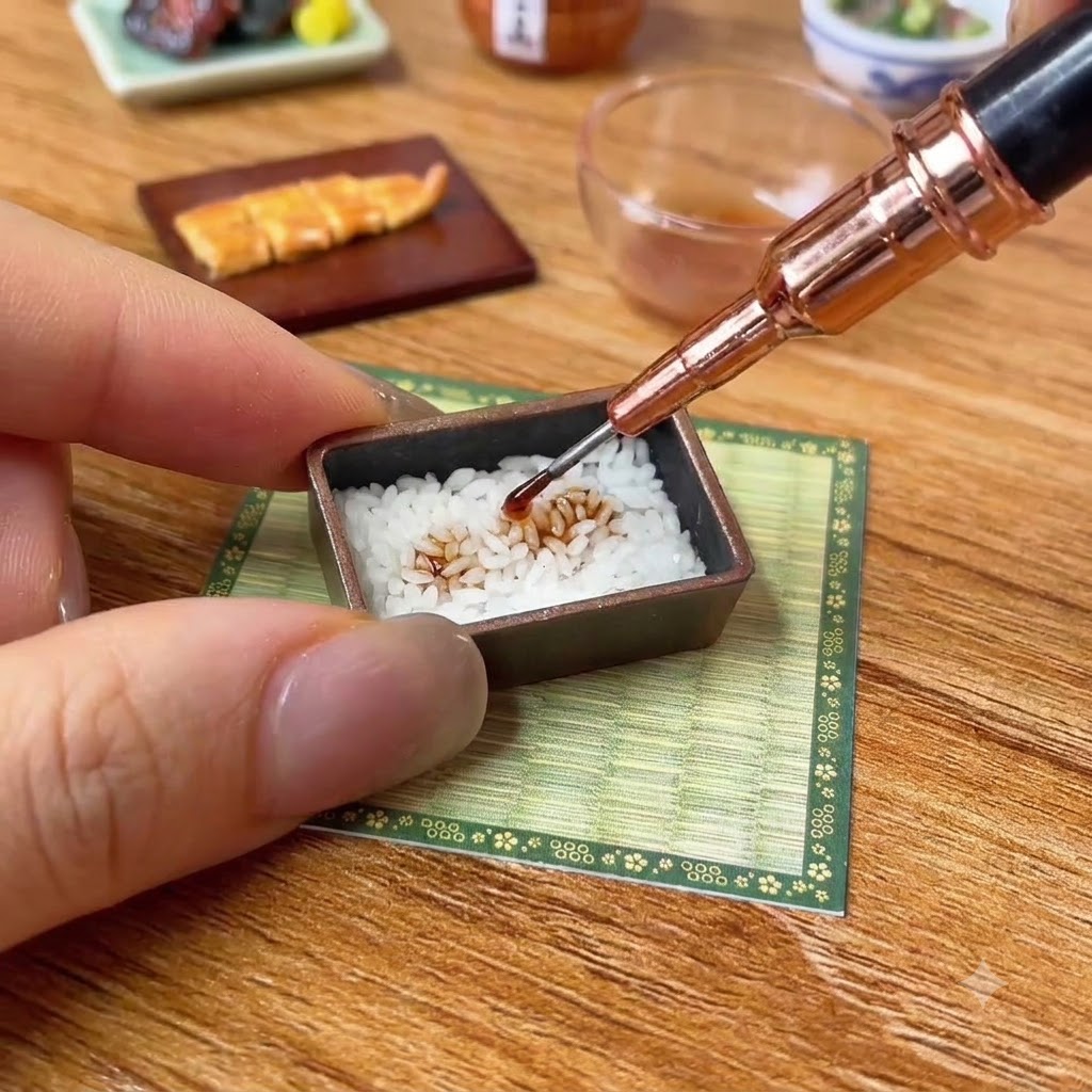 A brush applying sauce onto cooked white rice inside a miniature bento box set on a tatami mat.