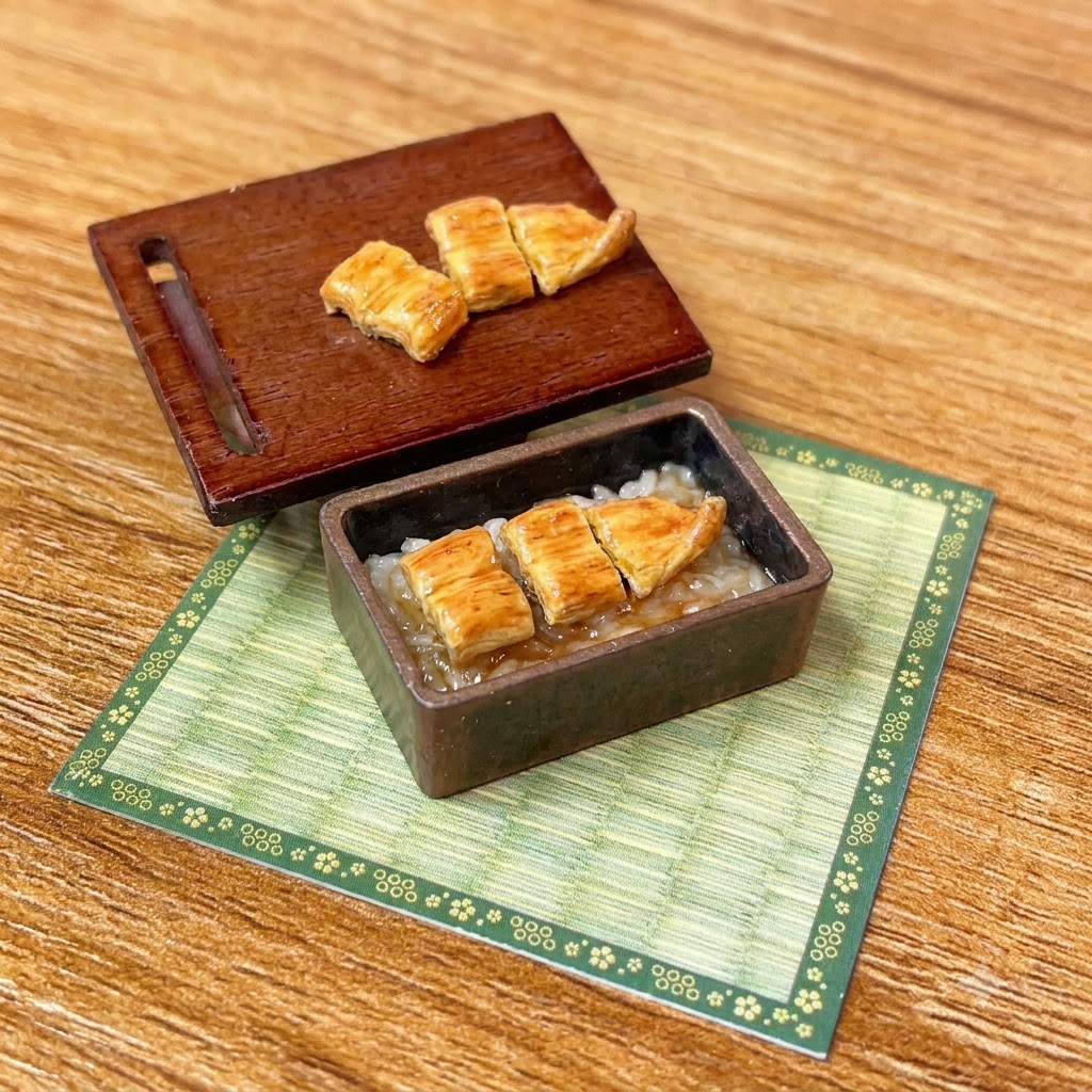 Sliced grilled eel pieces being placed on top of sauced rice inside a miniature bento box using tweezers.