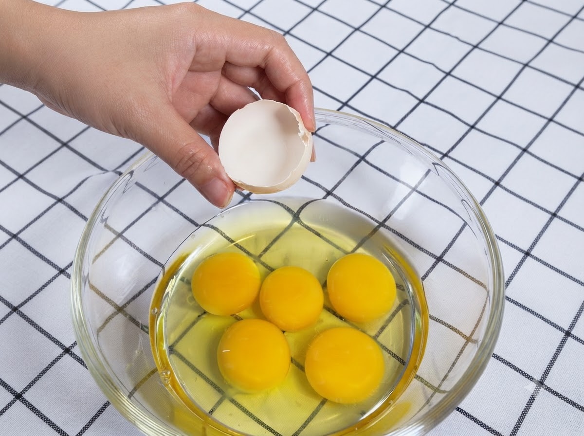 Milk being poured from a shell into a glass bowl filled with five cracked eggs.