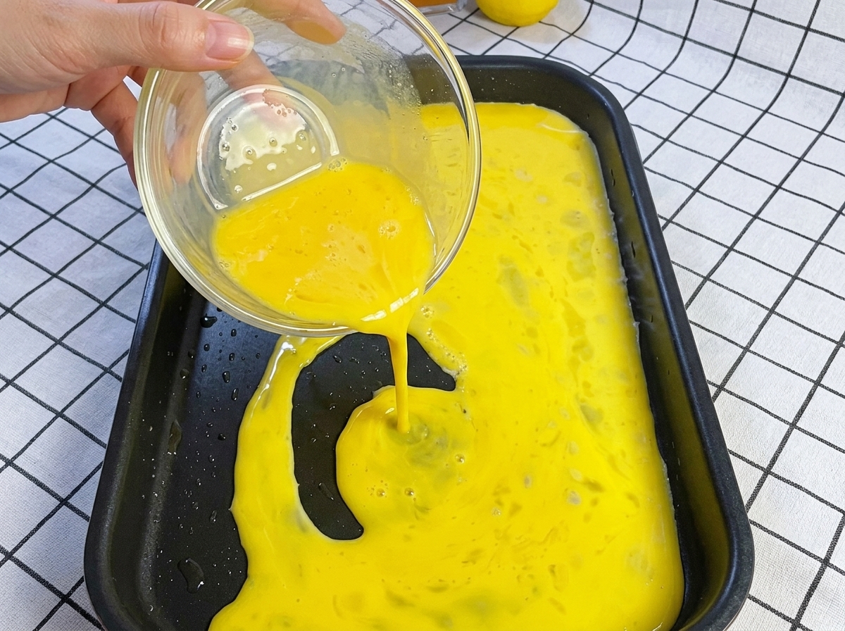 Yellow egg mixture being poured from a glass bowl into a rectangular non-stick pan.