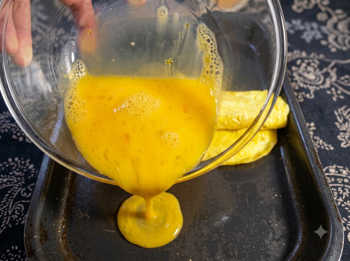 Fresh egg mixture being poured into a square pan next to a finished rolled egg omelet.