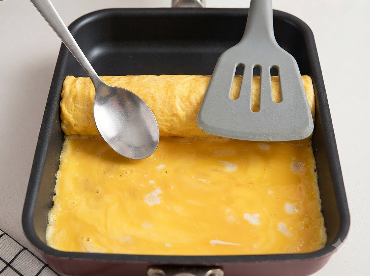 A finished rolled egg omelet being cut into neat pieces on a dark cutting board.