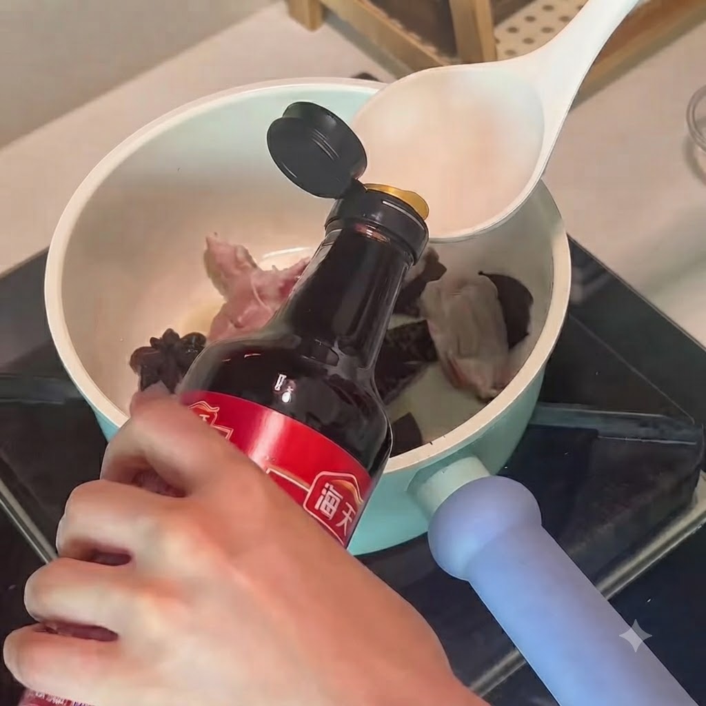 Dark soy sauce being poured from a bottle into a pot containing pork ribs and spices.