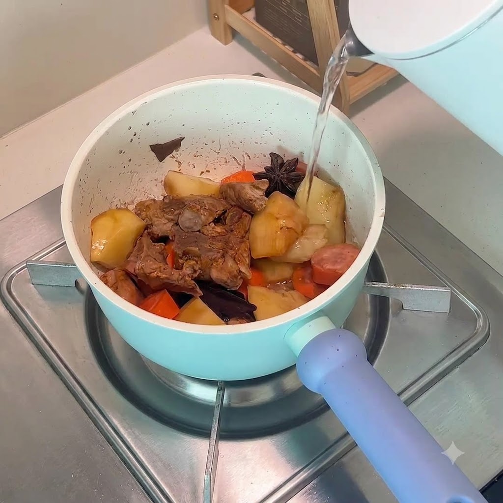 Hot water being poured from an electric kettle into a pot filled with ribs, potatoes, and carrots.