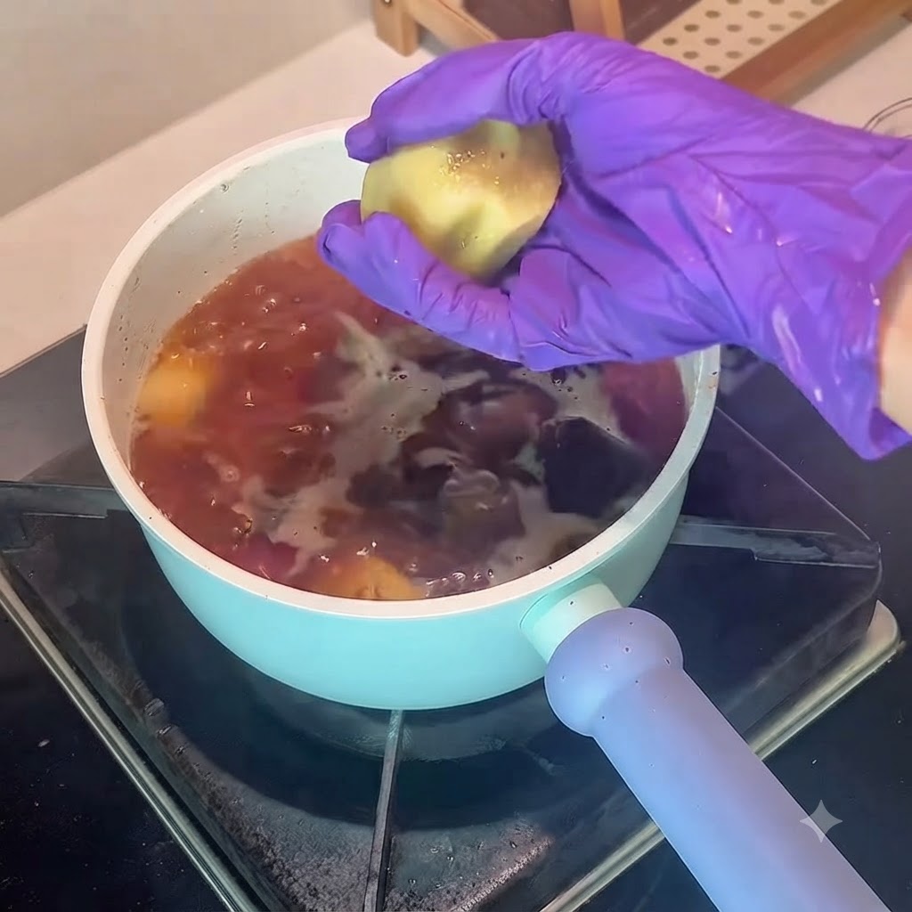 A gloved hand holding and crushing a piece of kiwi fruit over a simmering pot of broth.