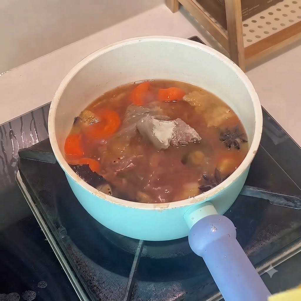 Pre-cooked beef rib fingers being added directly into a pot filled with broth and vegetables.