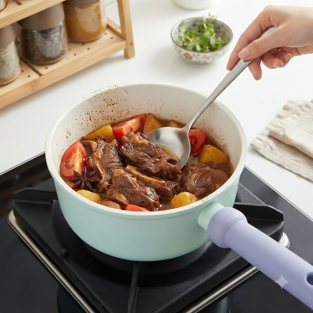 A ladle removing whole star anise and seasonings from a cooking pot filled with braised meat and vegetables.