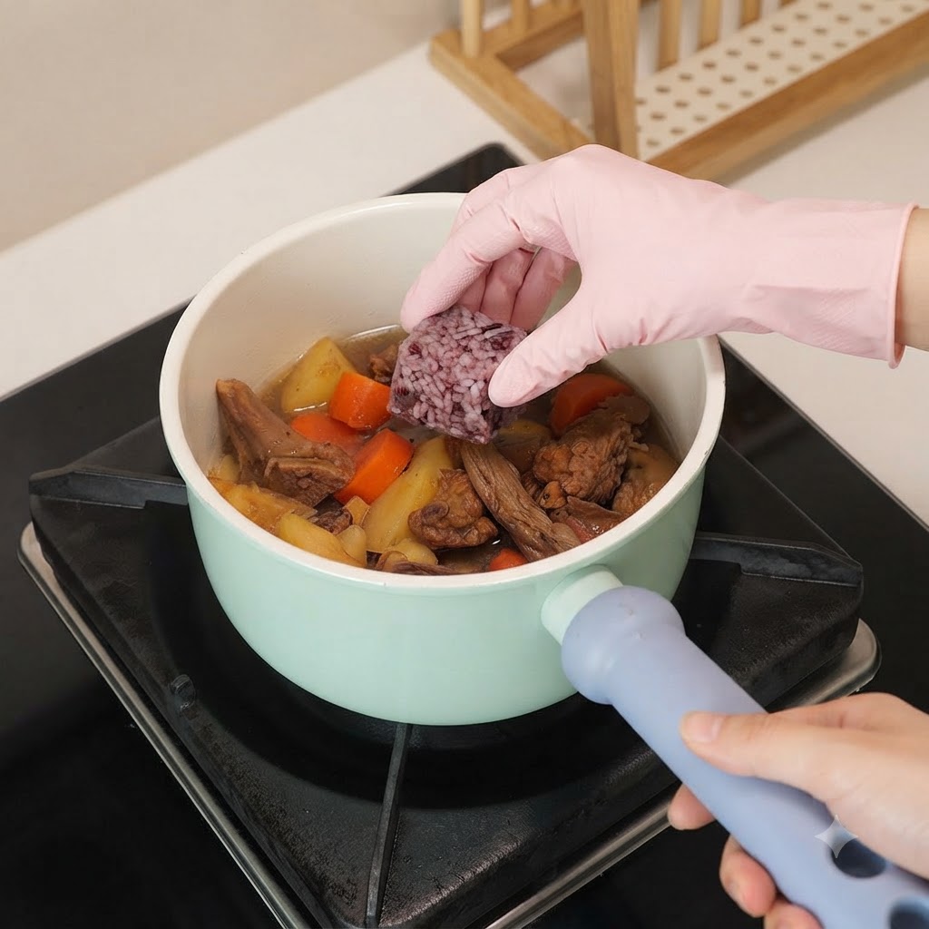 A gloved hand placing a cube of purple rice into a pot containing braised ribs, potatoes, and carrots.
