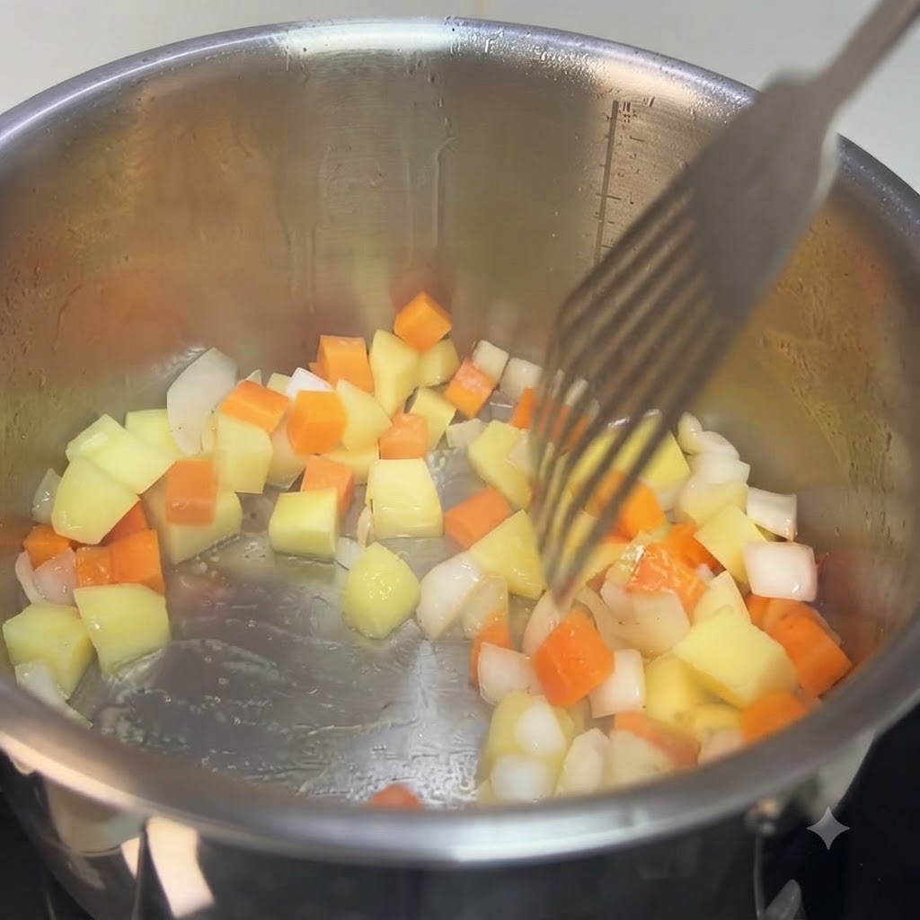 Water being poured into a pot filled with sautéed diced vegetables.