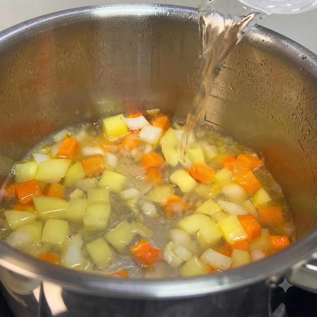 Curry cubes being dropped into a pot of simmering water and vegetables.