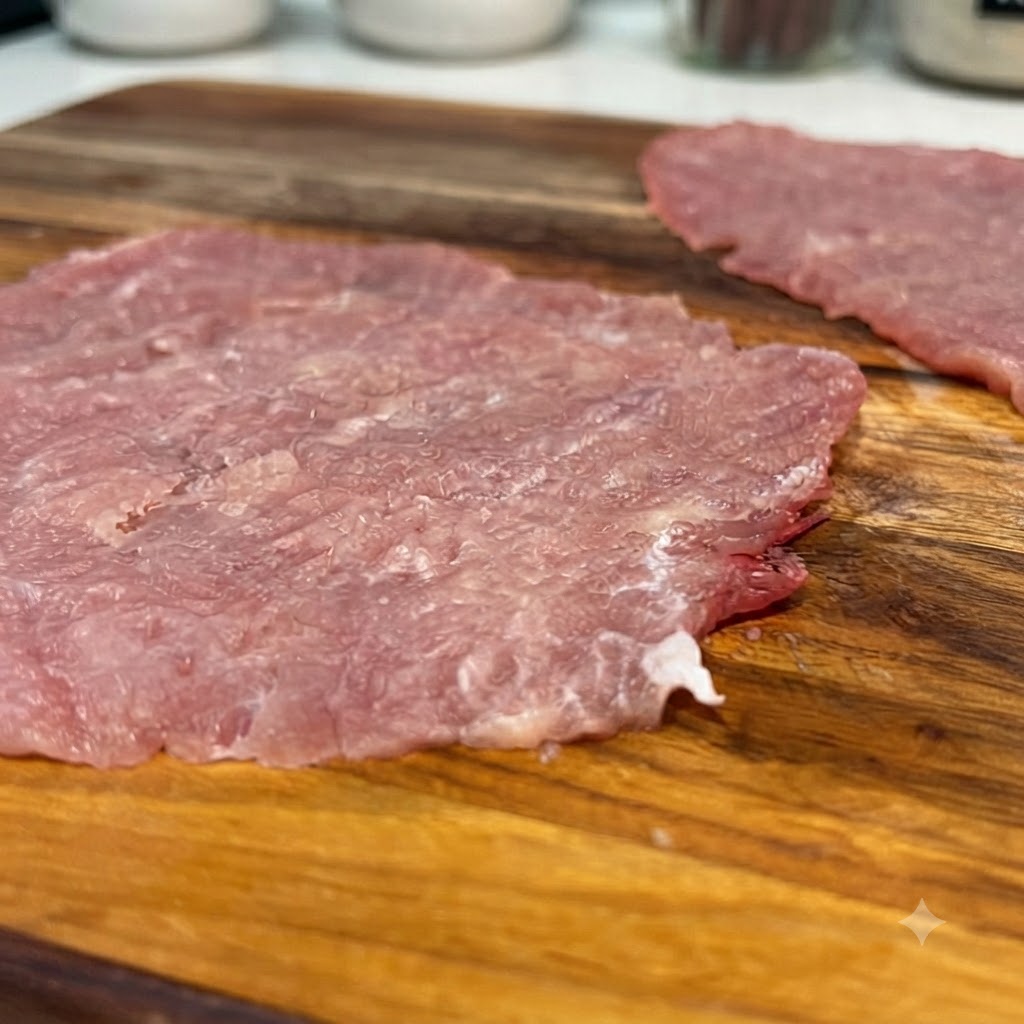 Fresh pork tenderloin cut into thin slices laid out on a wooden cutting board.