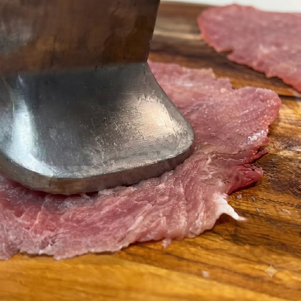 A metal meat mallet pounding a slice of pork tenderloin on a wooden board.