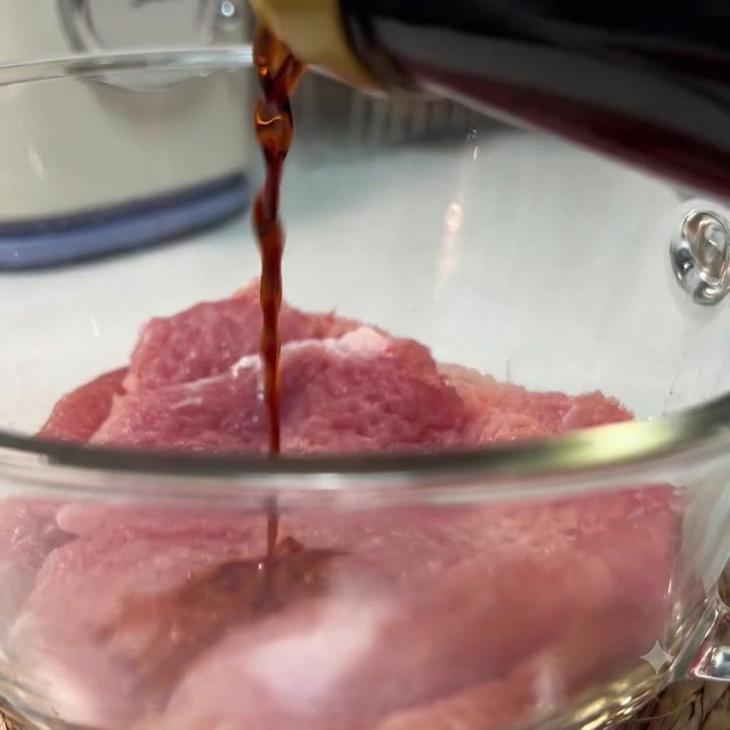 Dark soy sauce being poured from a bottle onto raw pork tenderloin slices in a glass bowl.