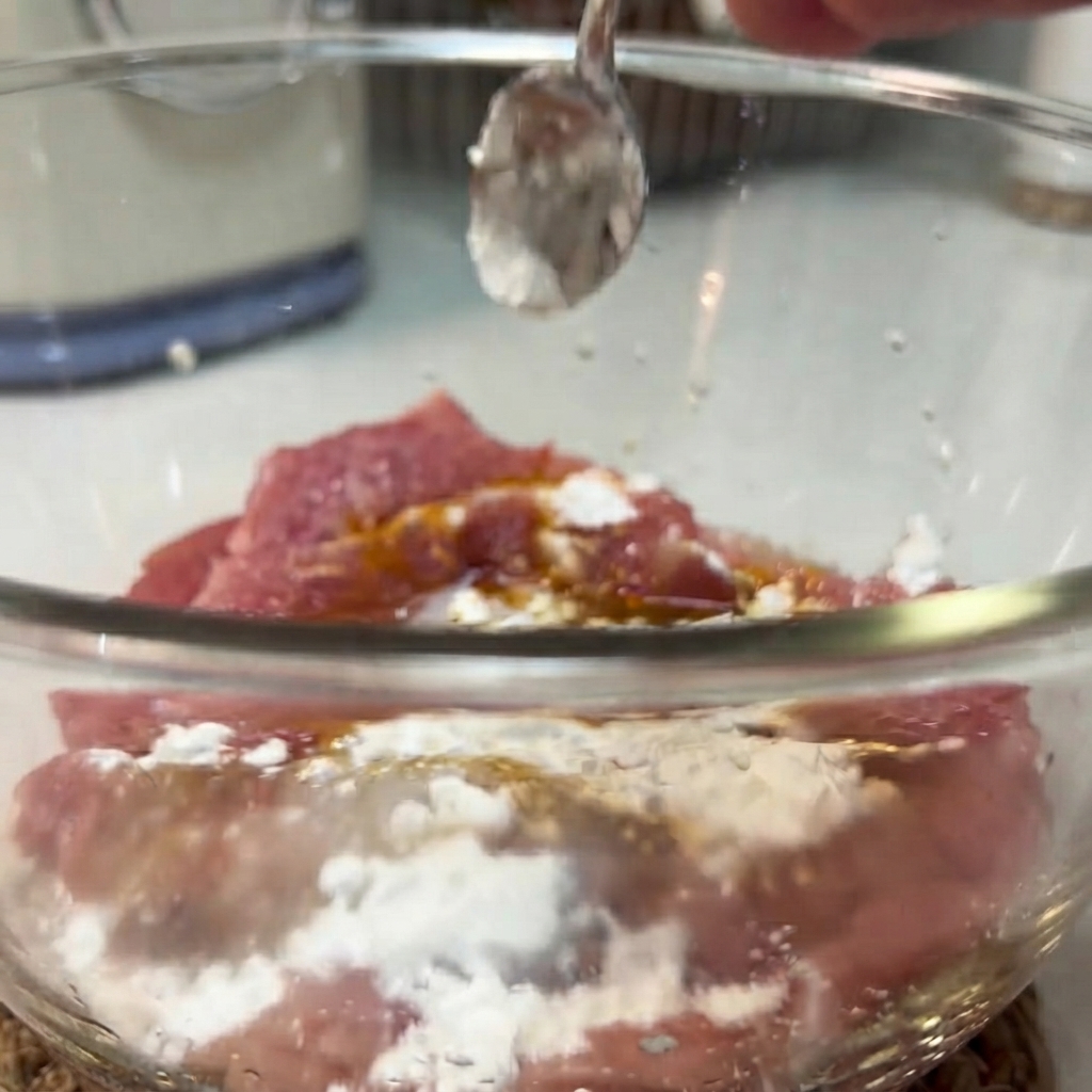 A gloved hand mixing white seasonings and liquids with pork pieces inside a clear glass bowl.