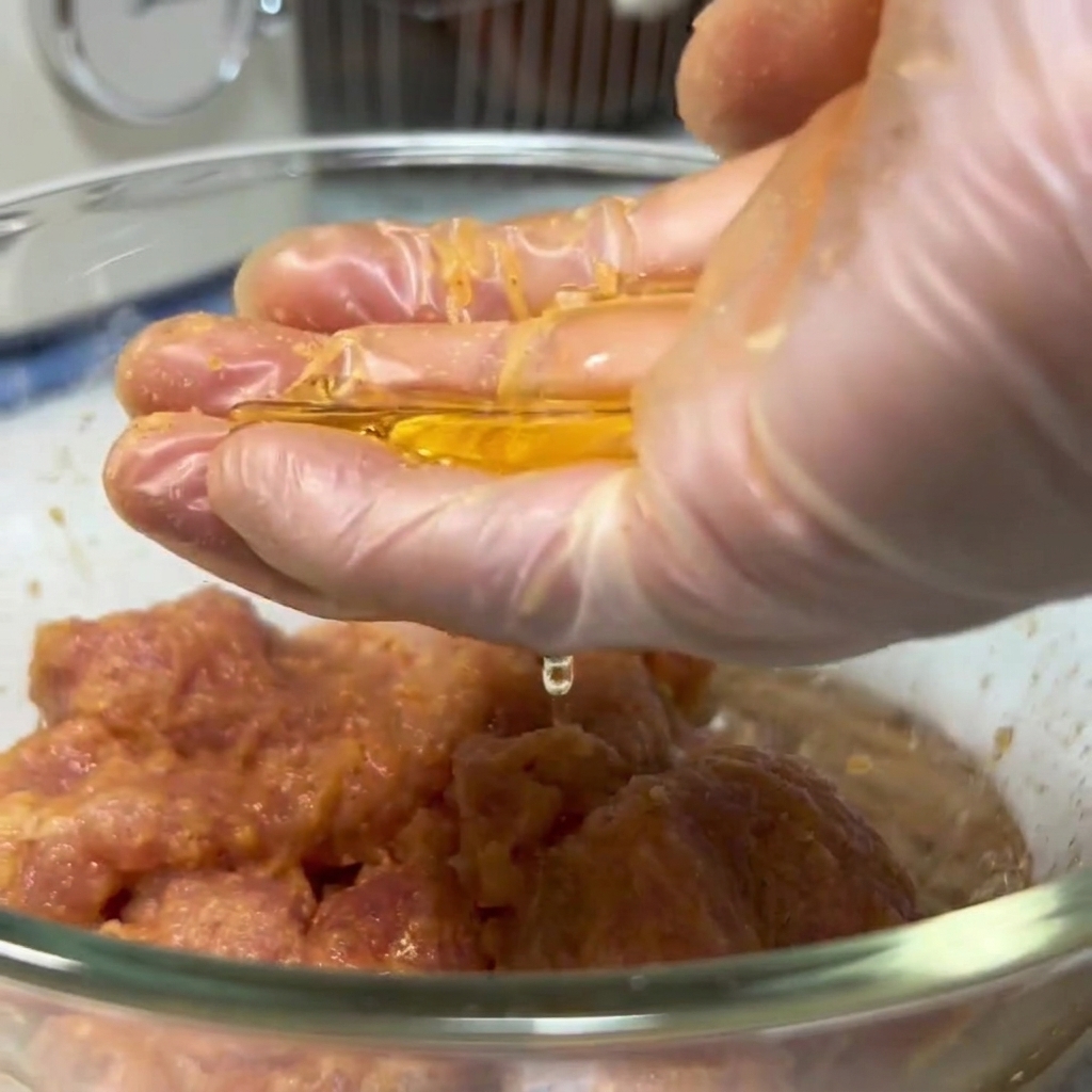 A gloved hand pouring cooking oil over marinated pork chunks in a glass bowl.