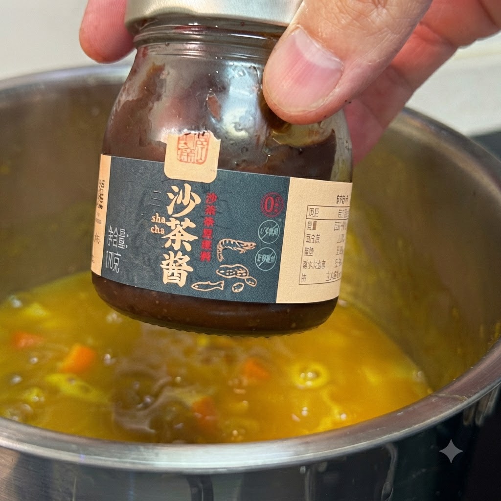 A jar of satay sauce held above a simmering pot of yellow curry with potatoes and carrots.