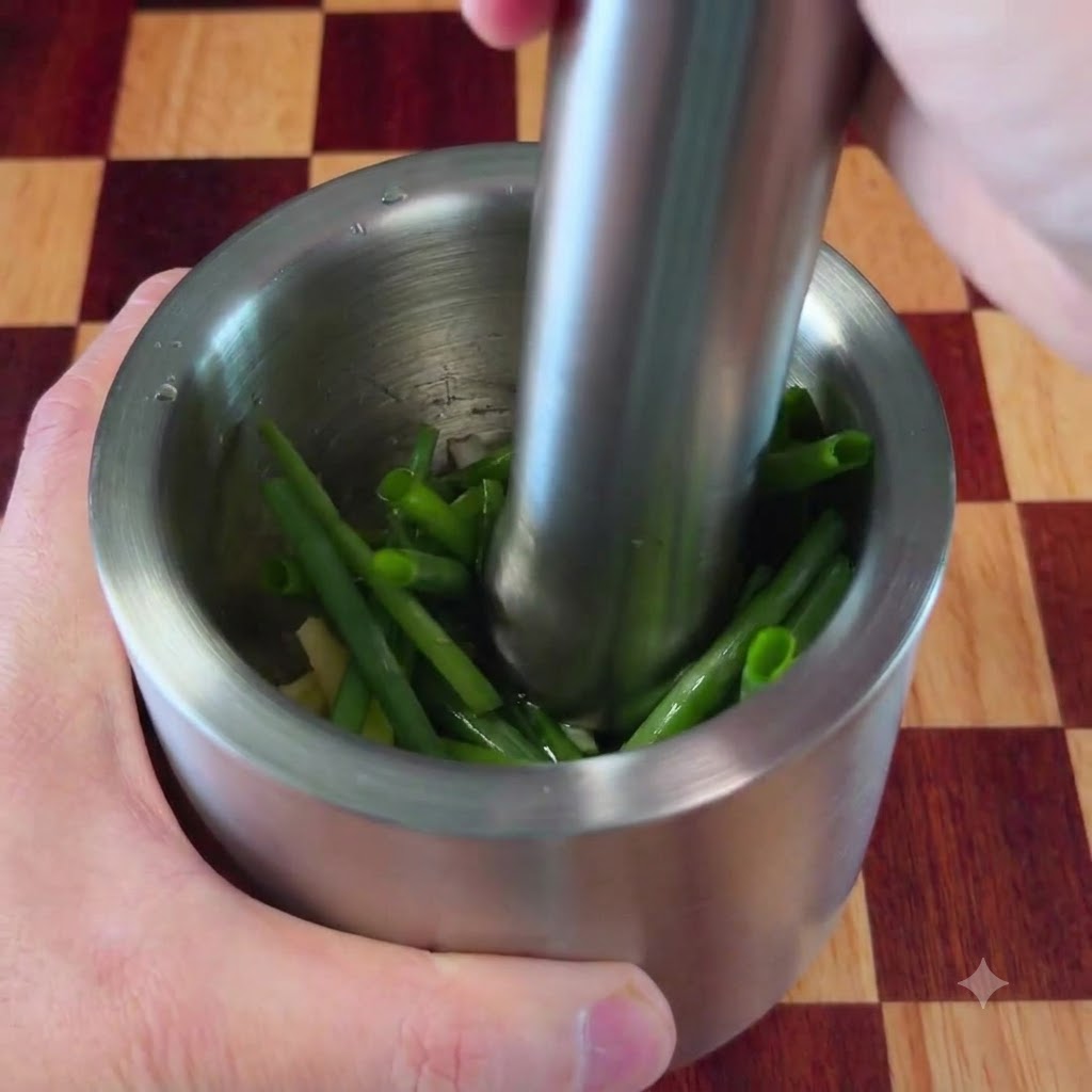 A pestle being used to crush ingredients inside a metal mortar filled with scallions and ginger.