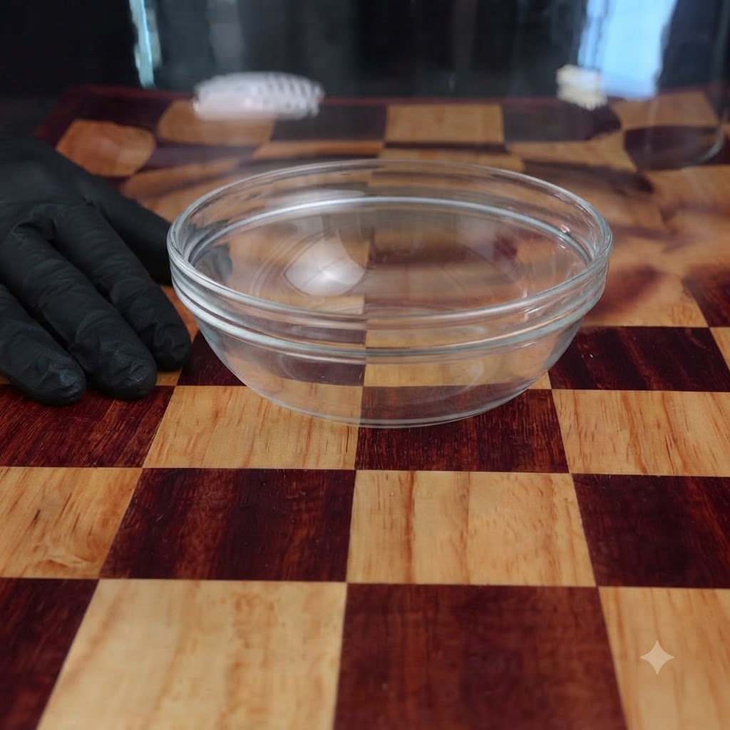 An empty glass bowl resting on a checkerboard surface with a gloved hand nearby.