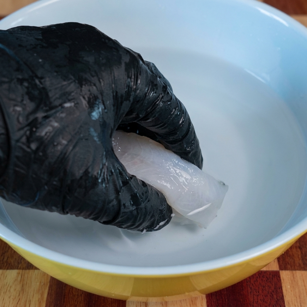 A gloved hand holding a piece of soaked white eel meat over a bowl of water.
