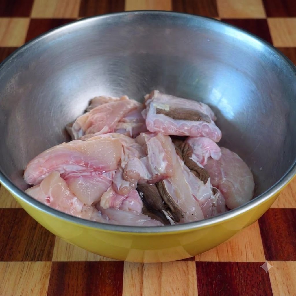 Raw eel pieces resting inside a metal mixing bowl.