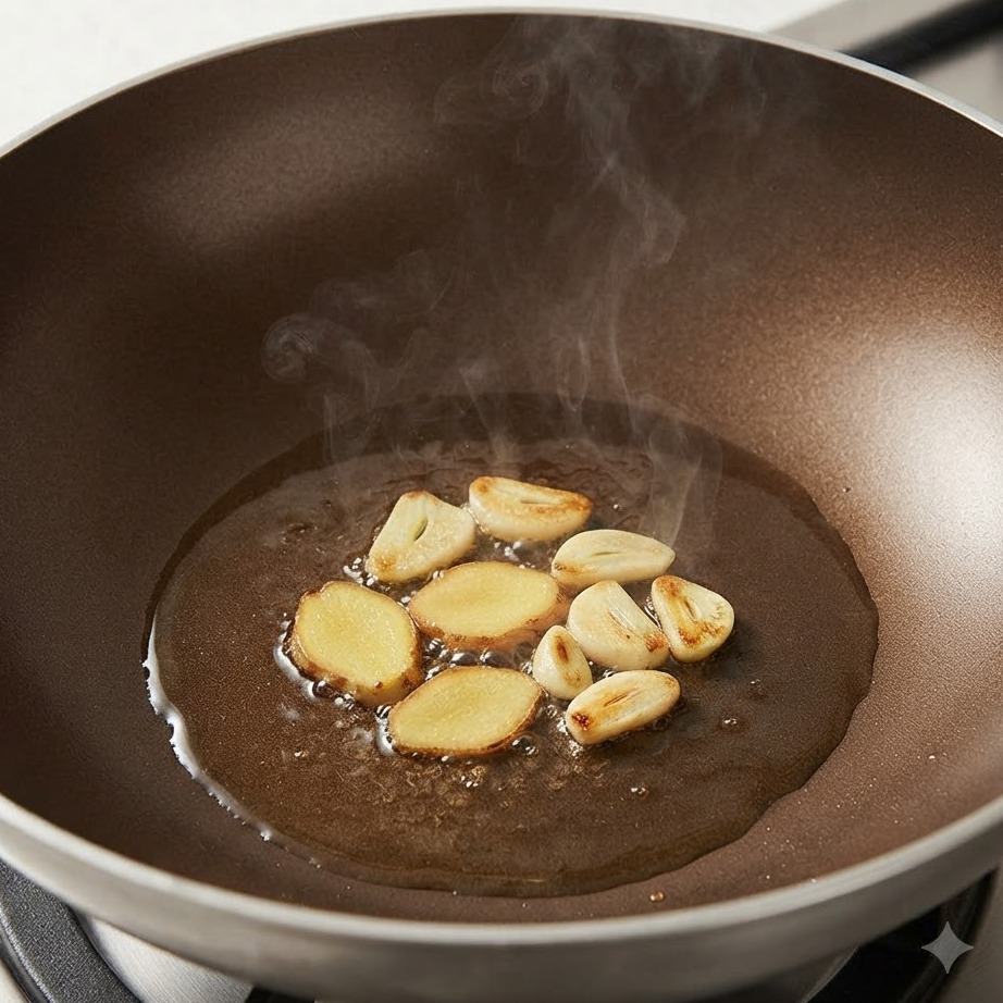 Garlic cloves and ginger slices sizzling in hot oil inside a brown ceramic-coated wok.