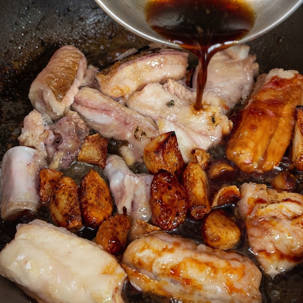 Dark savory sauce being poured from a metal ladle into a wok containing fried eel pieces and golden browned garlic cloves.