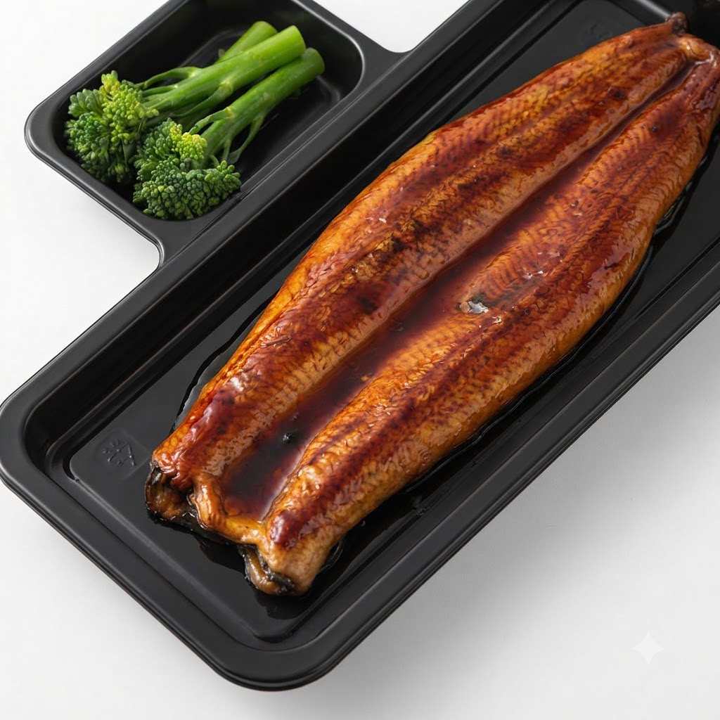 Packaged roasted eel being cut into smaller portions with kitchen shears on a tray.