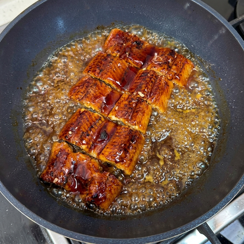 Heated eel slices arranged over an egg and rice bowl with savory sauce being poured over them.