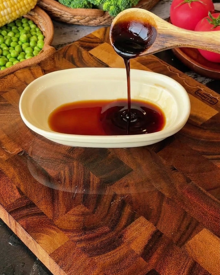 Light soy sauce, dark soy sauce, and oyster sauce being poured and mixed in a small white dish with water.
