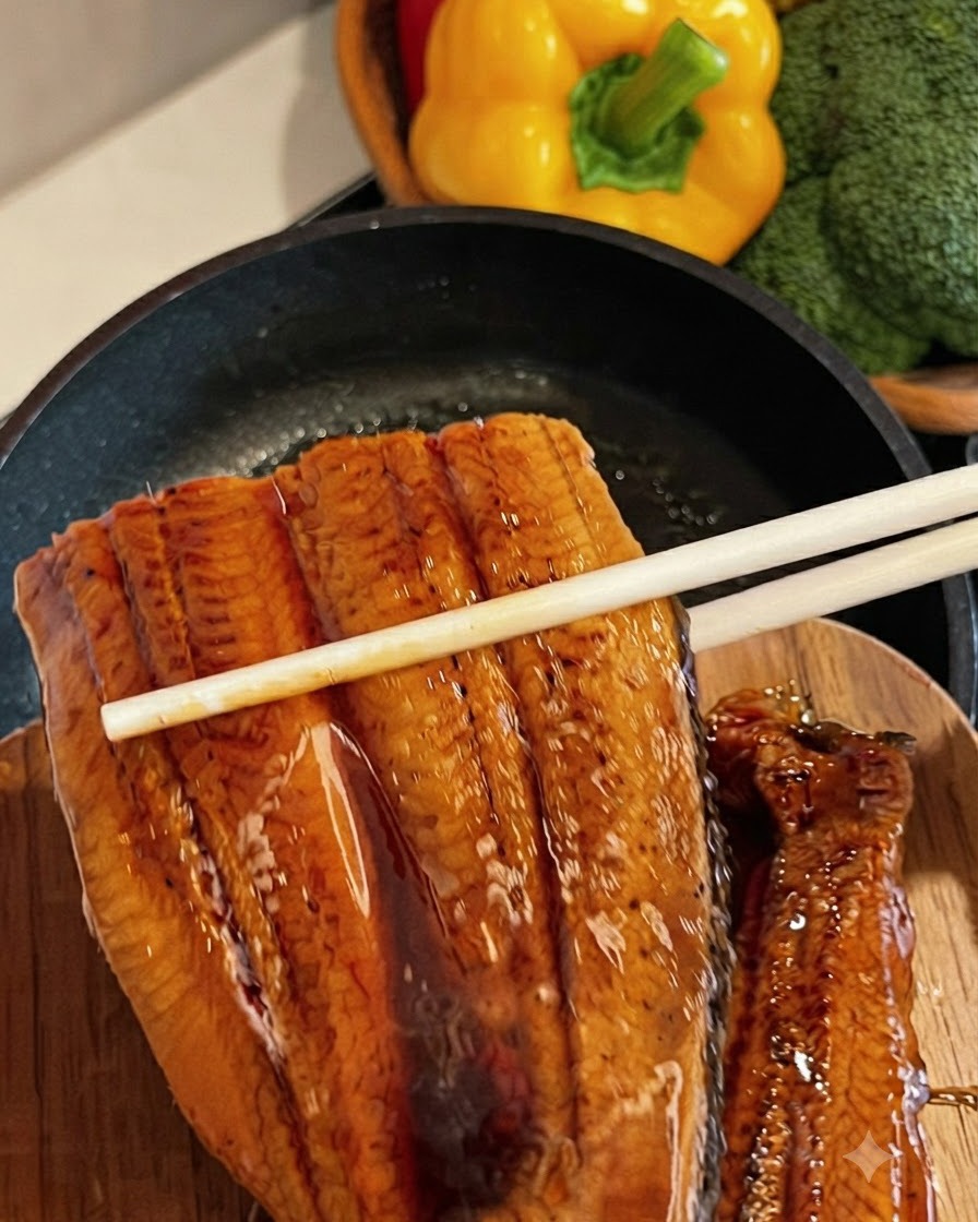 Kabayaki eel pieces cooking in a pan while covered in a simmering dark savory sauce.