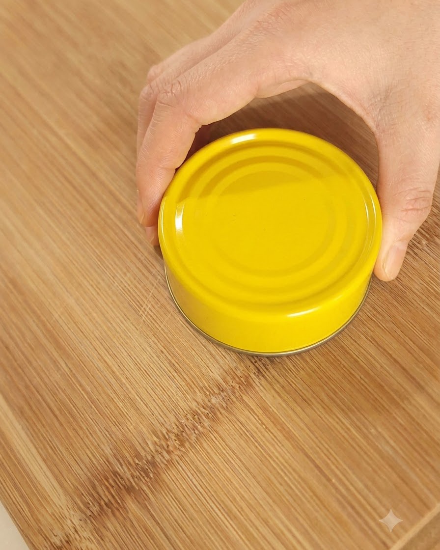 A hand holding and opening a small yellow can of tuna on a wooden cutting board.