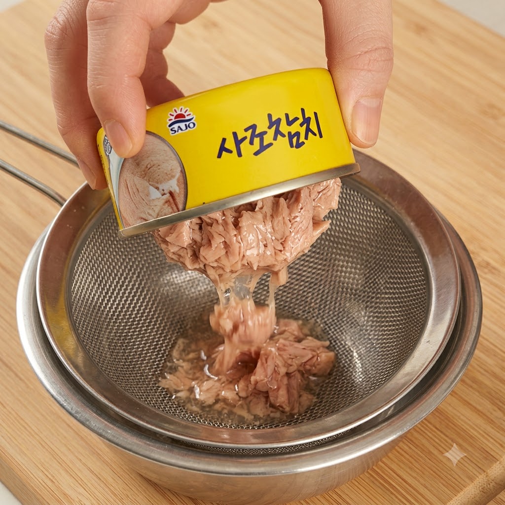 Tuna chunks being emptied from a yellow can into a fine metal strainer resting inside a bowl.