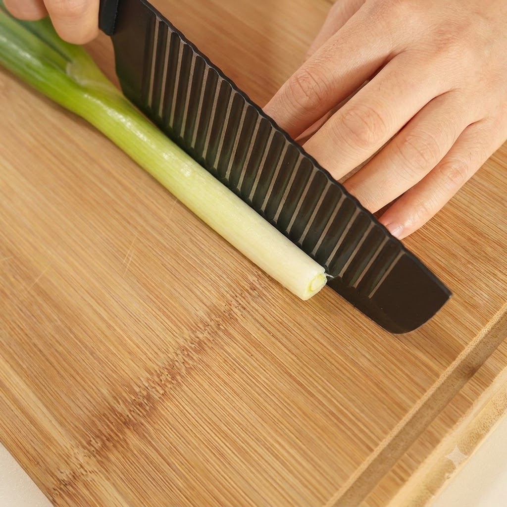 A knife slicing through a fresh green onion stalk on a wooden cutting board.