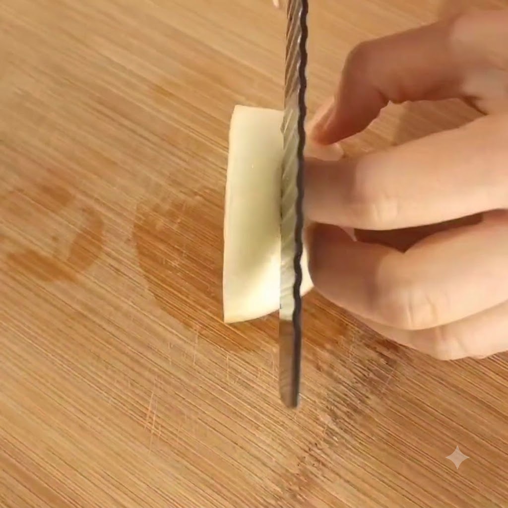 An onion piece being sliced into small diced cubes with a knife on a wooden board.