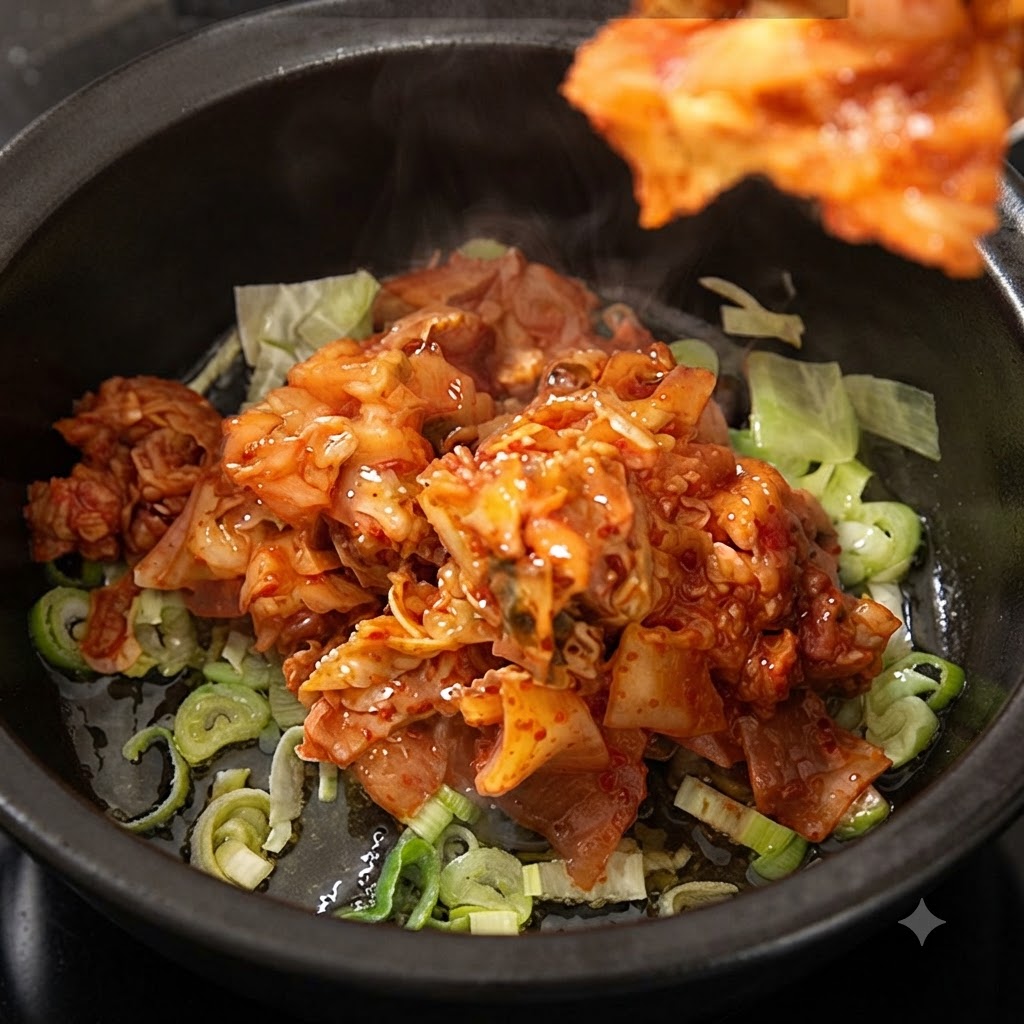 Kimchi pieces being added into the pot over green onions.