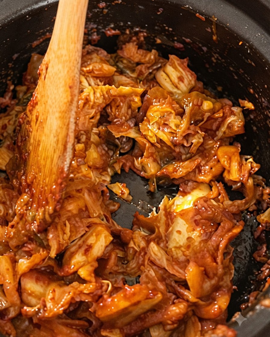 A wooden spoon mixing and stir-frying kimchi inside the cooking pot.
