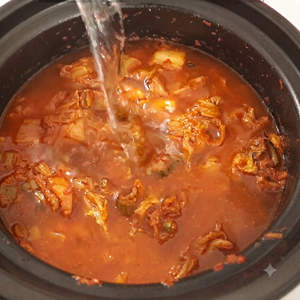 Water being poured from above into the pot filled with stir-fried kimchi.