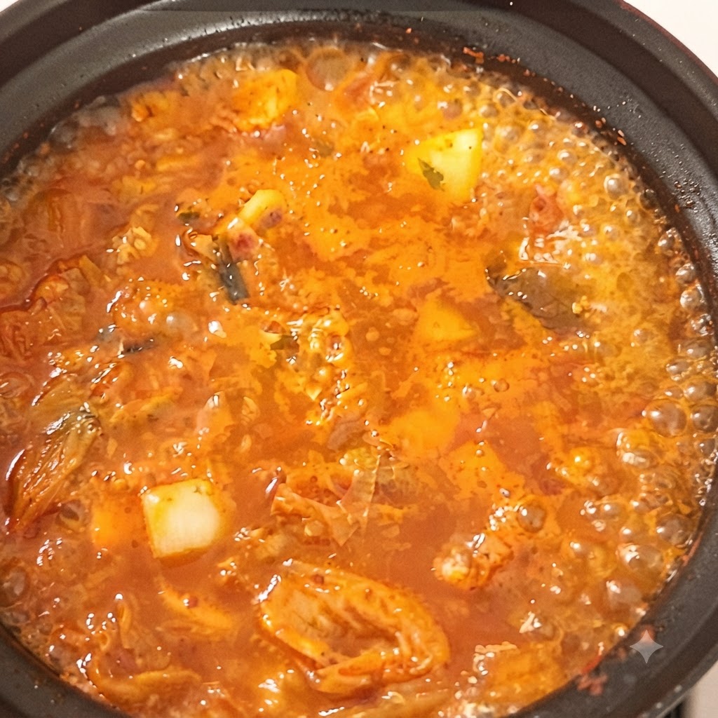 A spoonful of chicken stock being stirred into a bubbling pot of spicy red kimchi stew.
