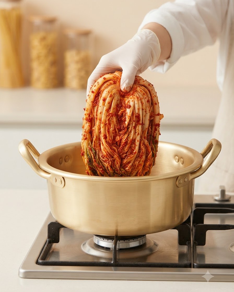 A gloved hand holding a large, neatly folded head of seasoned kimchi and lowering it into an empty brass-colored cooking pot on a stovetop.