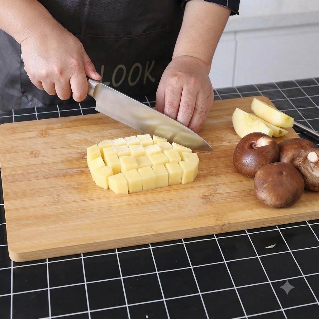 Potatoes being chopped into small square chunks on a wooden cutting board with a kitchen knife.