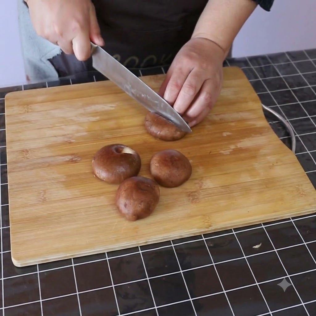 Shiitake mushrooms being sliced on a wooden cutting board using a kitchen knife.