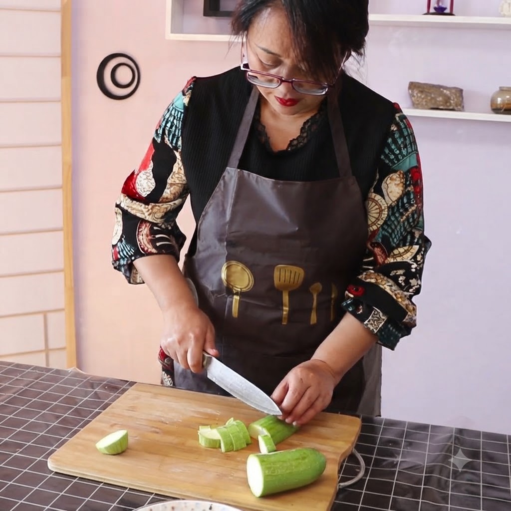 Zucchini being chopped into pieces on a wooden cutting board with a kitchen knife.